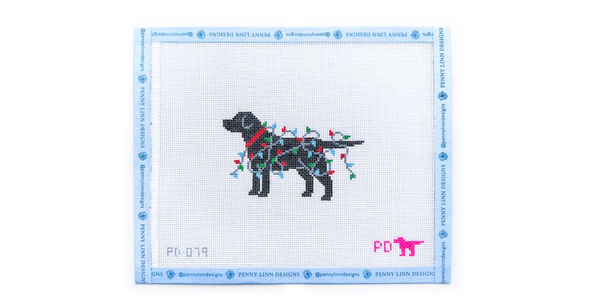 BLACK LAB WRAPPED IN LIGHTS - Penny Linn Designs - Poppy's Designs Needlepoint